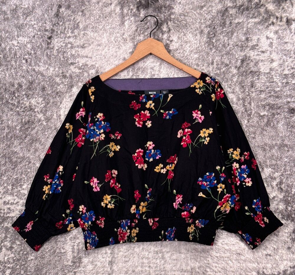 Anthropologie Top Small Womens Maeve Black Floral Cotton Smocked Dolman Blouse